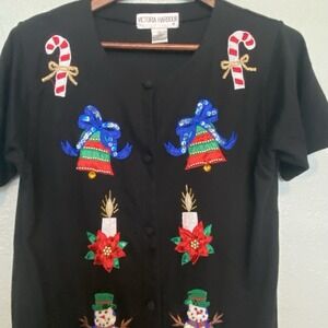 Victoria Harbour Embroidered Christmas sweater Button Up With Shoulder Pad Small